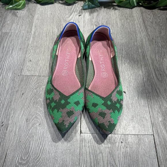 Rothy’s THE POINT Green Pink Camo Knit Pointed Toe Slip On Flats Women’s Size 10 - Picture 2 of 9